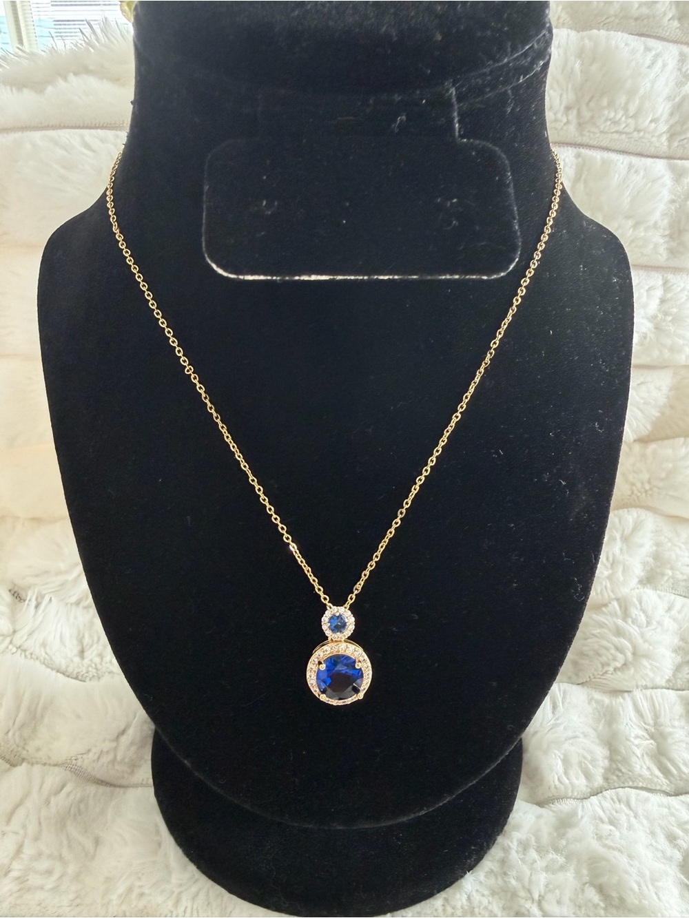 Gold Chain Necklace with Blue Crystal Pendant